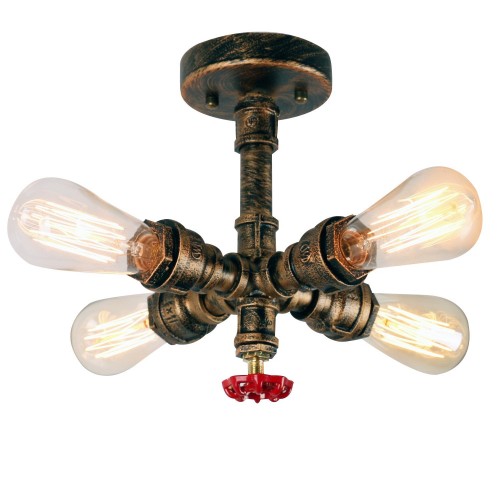 Rustic Water Pipe Light - Semi Flush Mount Light - Ceiling Light with 4 Bulb Sockets - Industrial Style Lamp