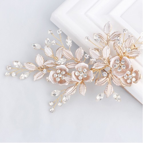 Light Rose Gold Wedding Clip Rhinestone Bridal Comb Barrette - Handmade Flower Clip Head Pieces for Women 