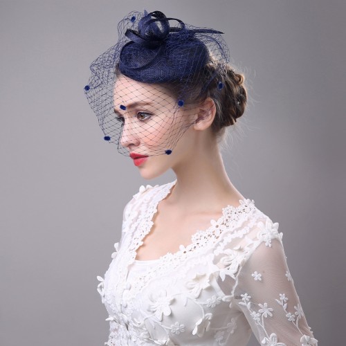 Classic Ladies Wedding Fascinator And Hats Veil Dotted Hair Clip Grey Black Navy Linen Dinner Party Church Women Hair Headpiece