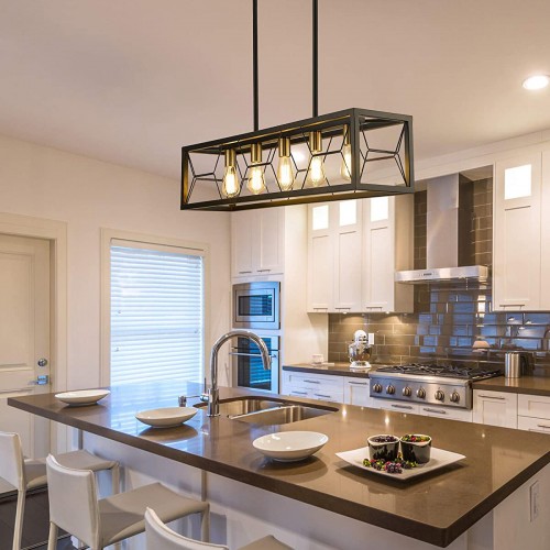 5-Light Kitchen Island Lighting, Modern Linear Pendant Light Fixture, Metal Farmhouse Chandeliers for Dinning Room Living Room
