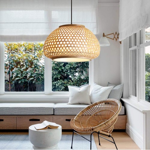 Handmade Flush Mount Ceiling Light Retro Bamboo Dome Shade Pendant Light 1 Light Woven Hanging Lamp for Dining Table,Restaurant