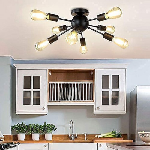 8-Light Chandeliers Flush Mount, Mid-Century Ceiling Bedroom Light Fixtures, Modern Black Ceiling Retro Lamp for Kitchen/ Living Room/Dining Room Lighting