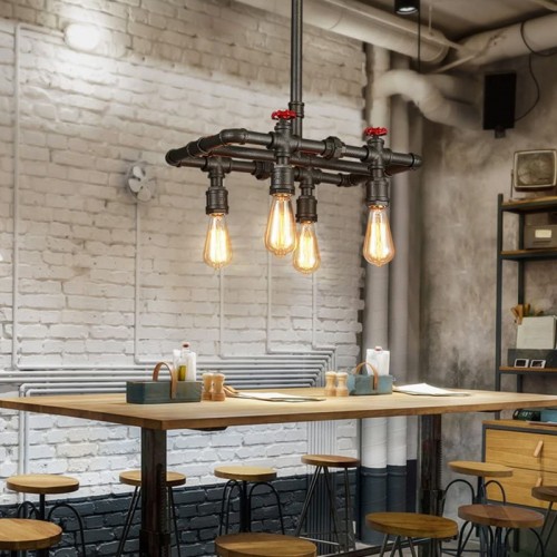 Industrial Style Pendant Light Retro Vintage 4 Lamp Holders Metallic Island Light Red Valve Decoration Hanging Lamp with Pipe Chandeliers Indoor Decoration
