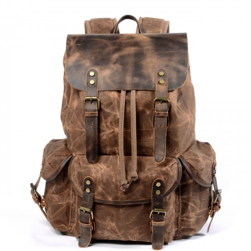 Casual student rucksack retro backpack drawstring men's oil wax canvas bag travel backpack
