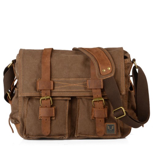 Vintage Canvas with Crazy Horse Leather Men's and Women's Messenger Bag One Shoulder Casual Satchel