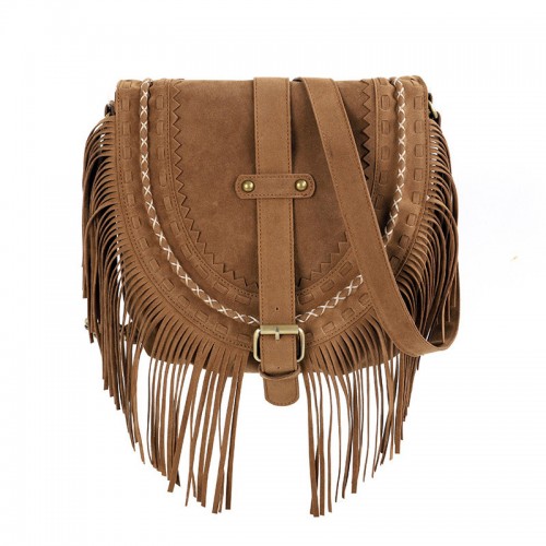 Double-sided Xi Shi velvet handmade large-capacity tassel bag female retro khaki all-match ethnic style messenger bag tide