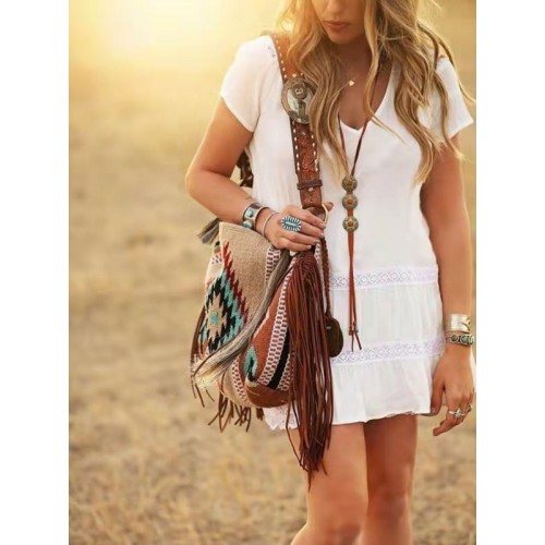 New retro hand-woven tassel cotton and linen shoulder bag women's bag