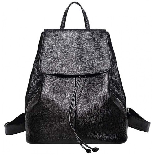 Women Genuine Leather Backpack for Elegant Ladies Travel Shoulder Bag Black