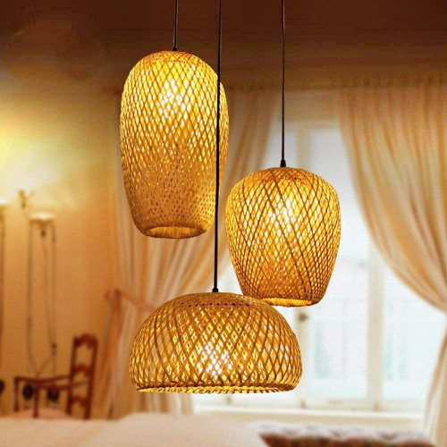 Bamboo Lantern Pendant Lamp, Retro Japanese Style E27 Chandelier Hanging Light Ceiling Lighting Fixture for Restaurant Cafe Tea House Bar Dining Room Club