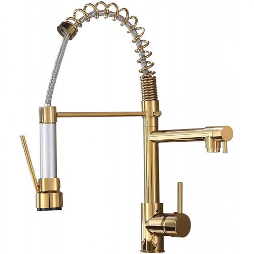 Luxury Single Hole Pull Out Spring Sprayer Dual Spout Kitchen Faucet Solid Brass,Gold