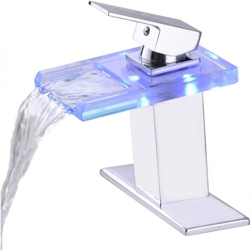 LED Waterfall Bathroom Faucet, Chrome Modern Single Handle Bathroom Faucets for 1/3 Hole Sink, Rv Lavatory Vessel Vanity Mixer Tap w/Deck, Hoses & Light Color Changing Glass Spout