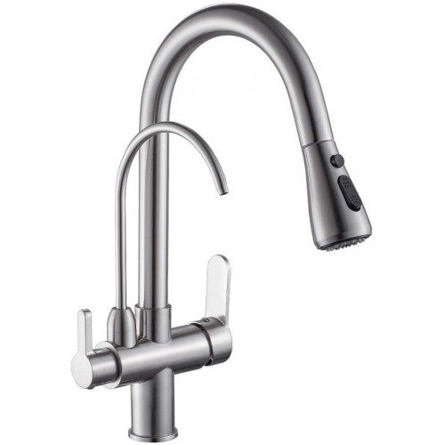 Kitchen Sink Faucet with Pull Down Sprayer 2 Handle 3 in 1 Water Filter Purifier Faucets Brushed Nickel Gun Grey\Antique\Matte black\Chrome\Gold White\Black + Gold