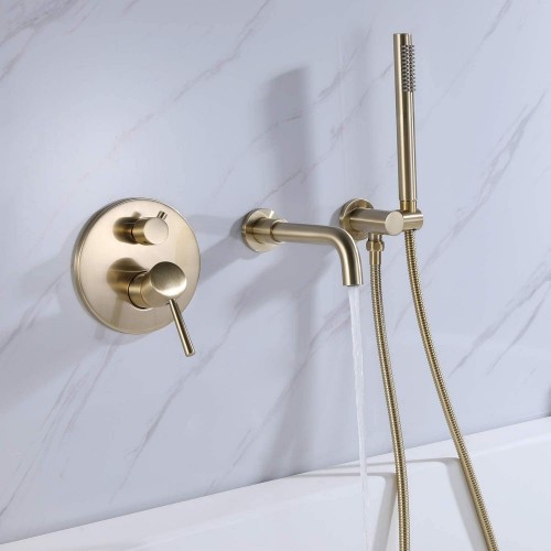 3 Hole Wall Mount Widespread Bathroom Waterfall Bathtub Faucet Mixer Taps with Hand Shower Brushed Gold