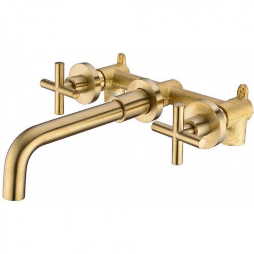 Bathroom Faucet, 2-Handle Wall Mounted Brass Bathroom Sink Faucet and Rough in Valve Included, Brushed Gold