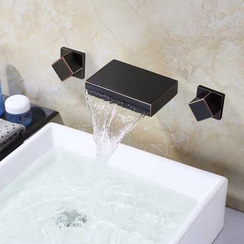 Bathroom Sink Faucet Waterfall ORB Bathtub Faucets Wall Mounted Two Handles Three Holes Lavatory Mixer Taps, Ceramic Valve