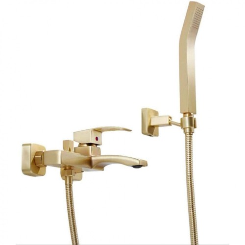 Bathtub Faucets with Hand Shower, Brass Wall Mount Tub Faucet, Single Handle Bathroom Tub Faucet, Hot and Cold Water Mixer Tap Shower, Brushed Gold