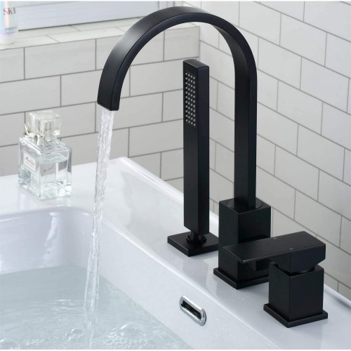 Modern Bathroom Sink Tub Faucet Deck-Mount Roman Bathtub Faucet Waterfall Tub filler with Handheld Shower Matte Black