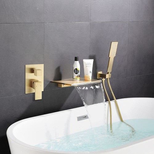 Waterfall Spout Wall Mounted Tub Faucet with Handheld shower Modern Single Handle Tub Filler Solid Brass（Comes with pre-built box）