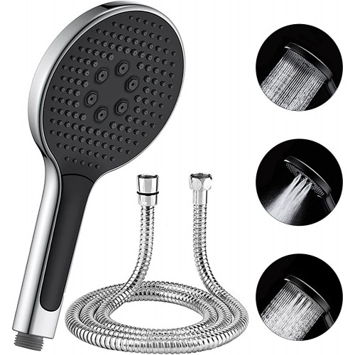 Large Shower Head with 2 m Stainless Steel Hose, Invisible Button Hand Shower with 3 Jet Types,Shower Head Rain Shower with G 1/2 Connection, Diameter 130 mm, Black