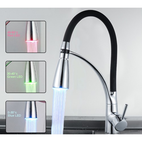 LED Kitchen Faucet Pull Down Spray with Light Single Lever Pull Out Sink Mixer Tap Brass Black Chrome