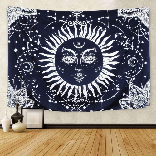 Psychedelic Moon and Sun Tapestry Wall Hanging Dark Blue White Bohemian Mandala Tapestry
