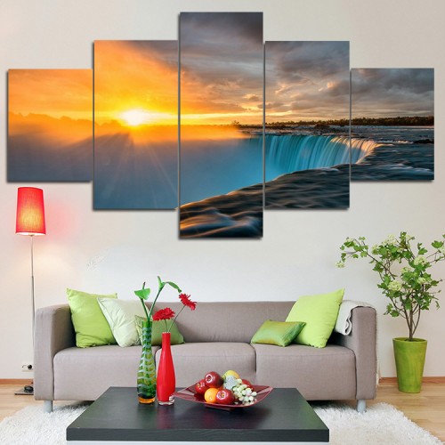 Canvas art painting, The setting sun shines on the big waterfall