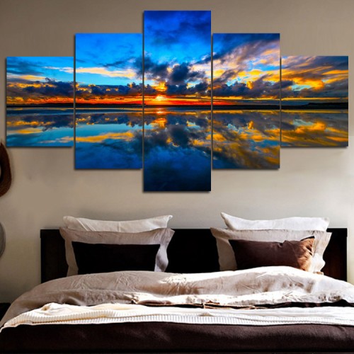 Canvas art combination painting, Blue sky calm lake brilliant sunset