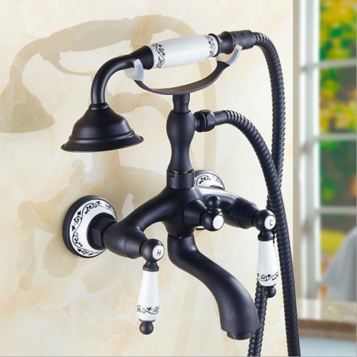 Blue and White Porcelain Tub Faucet Hanging Wall Type with Telephone Style Hand Shower