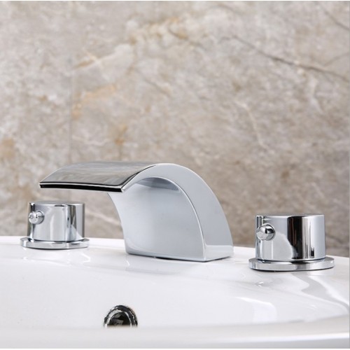 Mount Double Handles Waterfall Widespread Bathroom Sink Faucet-Chrome