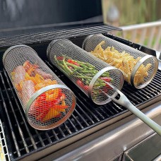 Rolling BBQ Basket BBQ Accessories,Round Stainless Steel BBQ Grill Mesh,BBQ Vegetable Slices Basket,Grill Basket Camping Grill,Suitable for Vegetable,Fries,Fish