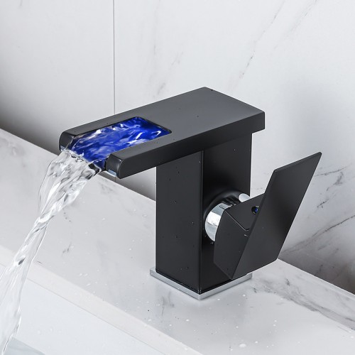 LED Basin Faucet Square Single Handle Brass Waterfall Basin Faucet Sink Tap with Cold and Hot Water，Undercounter and overcounter sinks are both suitable
