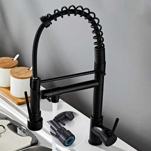 20.8 Inch Black Kitchen Faucet with Pull Down Sprayer, Dual Morden Commercial Rv Single Handle Single Hole Double Spout Spring Kitchen Sink Faucet with Pot Filler, Matte Black, Brass