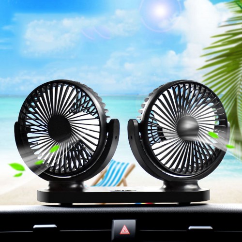 USB Car Fan, Adjustable Dual Head Air Fan, Brushless Motor Low Noise Vehicle Fan for Car/SUV/Truck Use