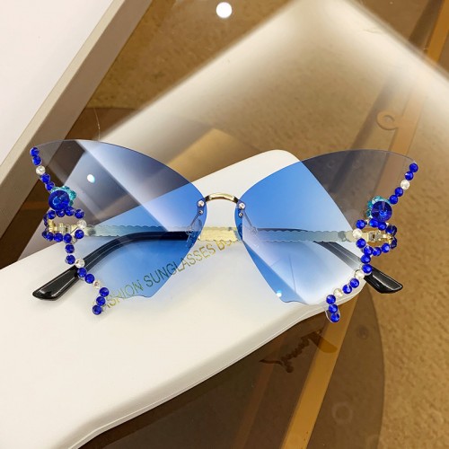 Butterfly Shape Diamond Inlaid Frameless Sunglasses Female Fashion Personality Exaggerated Prom Sunglasses