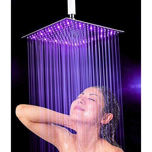 16" LED Rainfall Shower Head Ultra-thin Bathroom Shower Head 3 Layer Stainless Steel Temperature Sensor Brushed Nickel(Shower Arm Not Included)