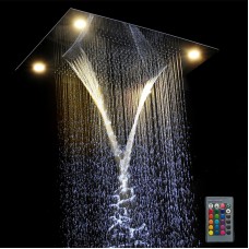 HM Luxurious Recessed Large 23" x 31" LED Waterfall Rainfall Shower System with 4 Types (Rainfall+Rain Curtain+SPA Misting, Massage) & Remote Control, Stainless Steel Polished Finish 