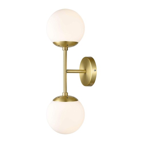 Brushed Brass and White Glass 2-Light Globe Wall Sconce, Mid Century Modern Retro Vintage Style