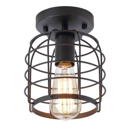 Create for Life Industrial Vintage Flush Mount Ceiling Light,Rustic Metal Cage Pendant Lighting Lamp Fixture for Hallway Stairway Kitchen Garage, E27, Black Painting Finish
