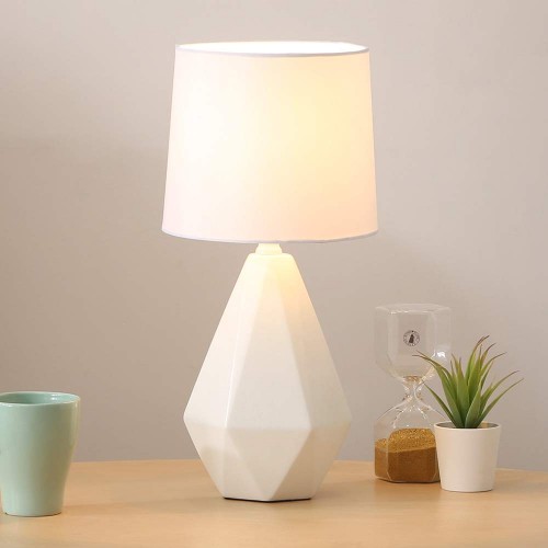  Modern Ceramic Small White Irregular Geometric Livingroom Bedroom Bedside Table Lamp, Desk Lamp with White Fabric Shade