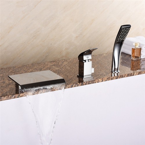 Full copper waterfall three-hole single handle bathtub faucet with hand shower