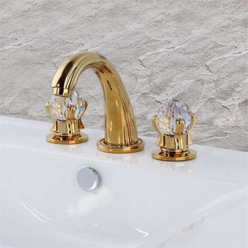Bathroom Sink Faucet 3 Hole Deck Mounted Widespread Brass Bathroom Faucet Crystal Handle Mixer Tap Gold (Gold)