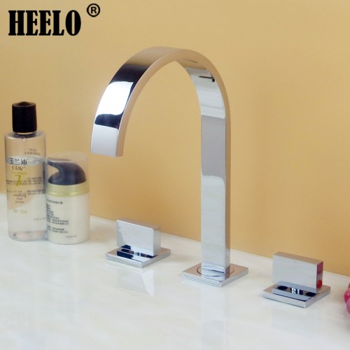 Square copper hot and cold three-hole split table under the wash basin bathroom faucet three-piece