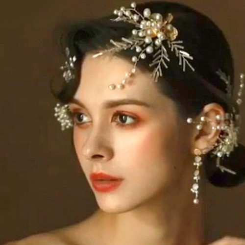 Gold Bridal Tiara pearl flower side clip headdress earrings hair accessories two-piece suit