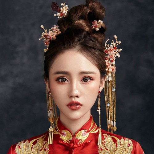 Traditional Chinese Bride Headdress Costume Hairclips Floral Hairpin Wedding Hairwear photography Hair Stick Accessory set