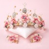 Sweet Pink Ceramic Flower Handmade Beaded Lace Baroque Crown Golden Wedding Hair Headdress