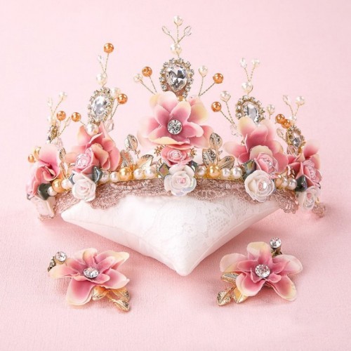 Sweet Pink Ceramic Flower Handmade Beaded Lace Baroque Crown Golden Wedding Hair Headdress