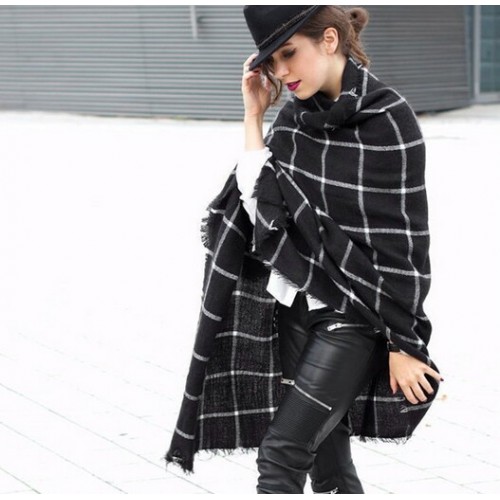 Plaid Blanket Winter Scarf Warm Women's Cozy Tartan Wrap Oversized Shawl Cape