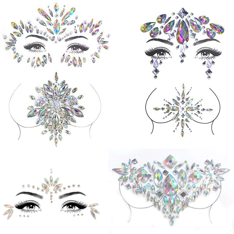  Rhinestone Face Gems Jewels, Festival Face Jewels Tattoo  Stickers, Rave Crystals Body Gems Stick on Face, Body Gem Stones Bindi  Temporary Face Tattoos for Festival Rave, 6-Pack,AB-Color : Beauty 